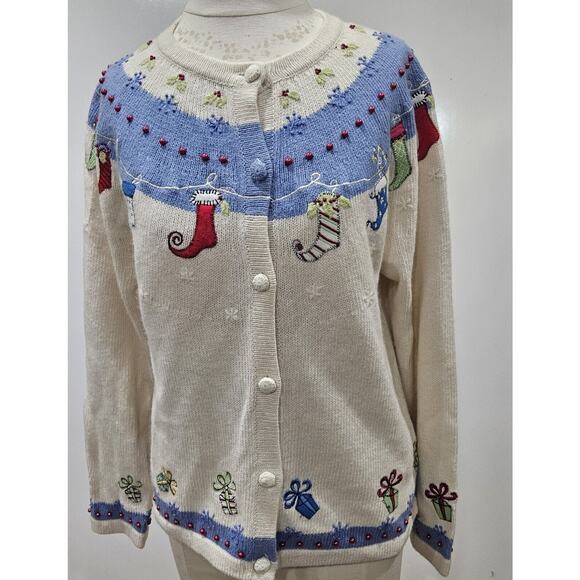 Vintage Ugly Sweater Croft Barrow Size Small 3D Embroidered Beaded Holiday Wool - Picture 1 of 11